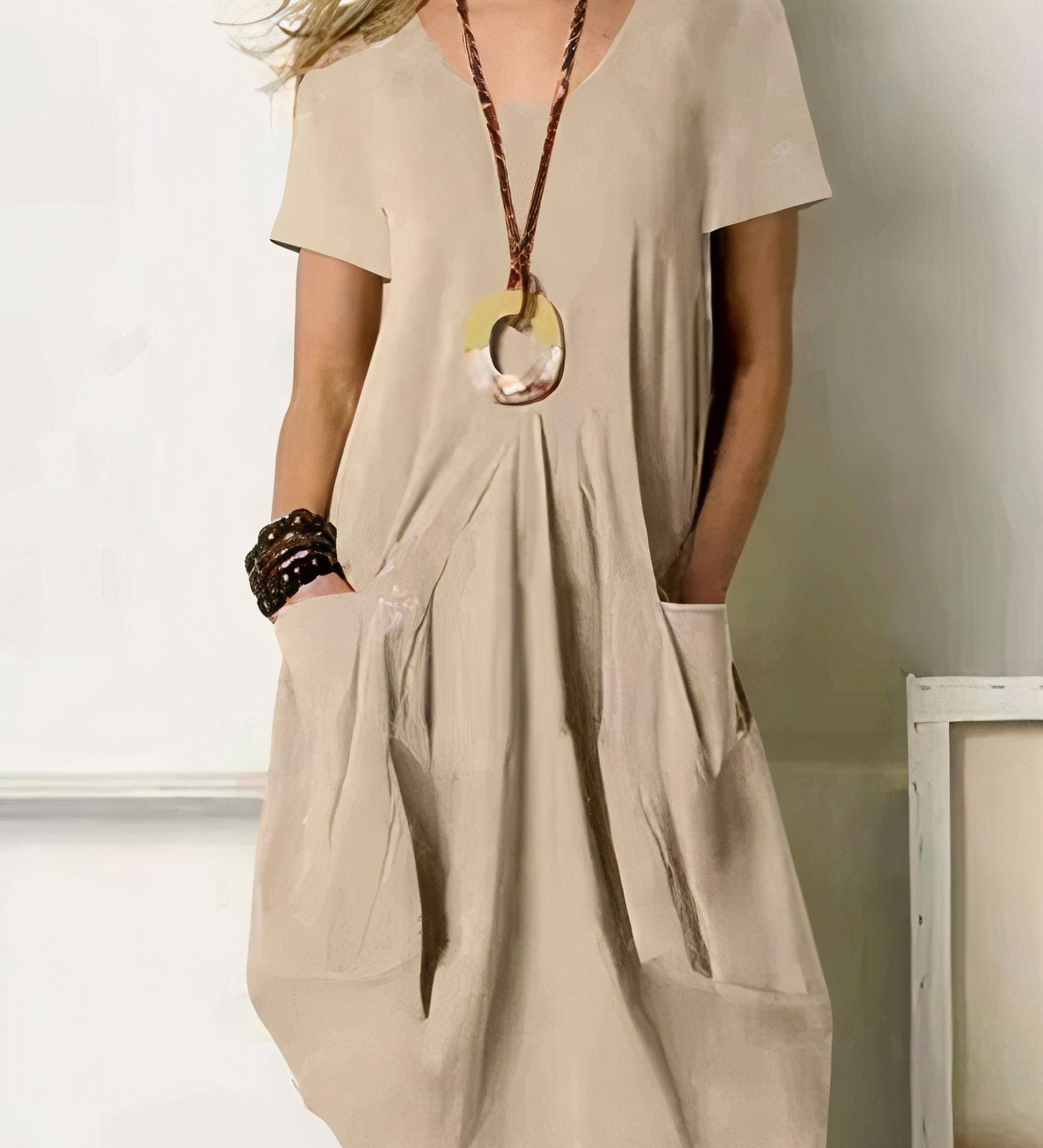 Gabrielle - Suvine Looduslik Pikade Taskutega Kleit