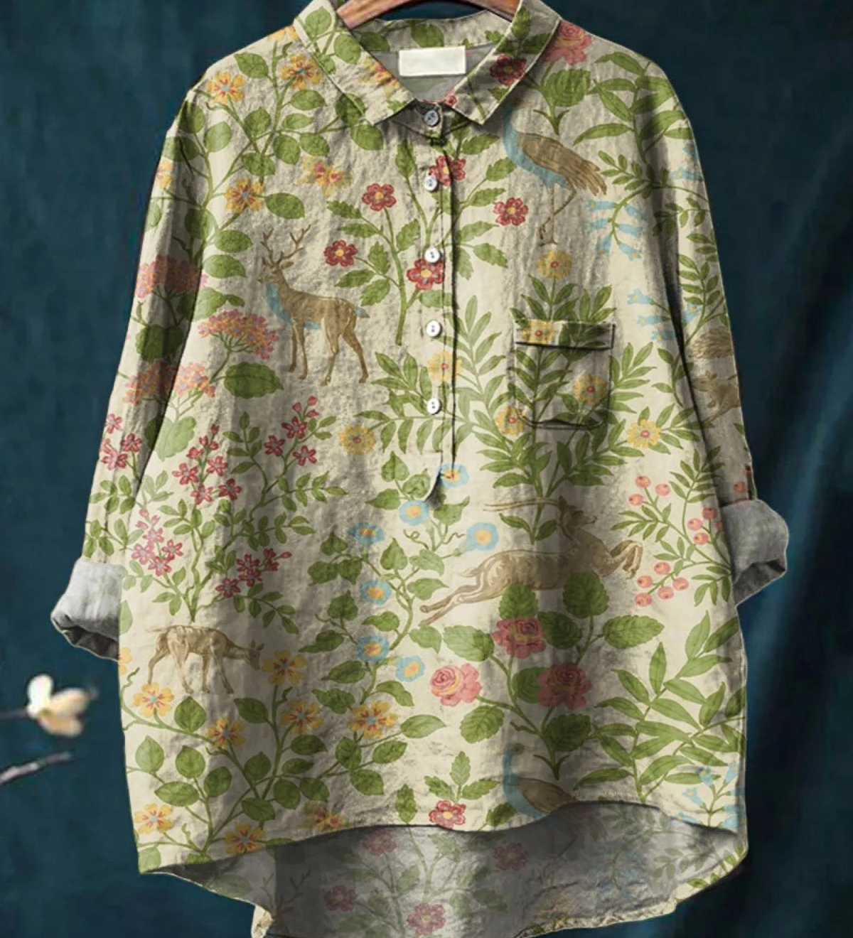 Calista | Naiste Vintage Lilleline Loomade Kunstitrükiga Looduslik Särk